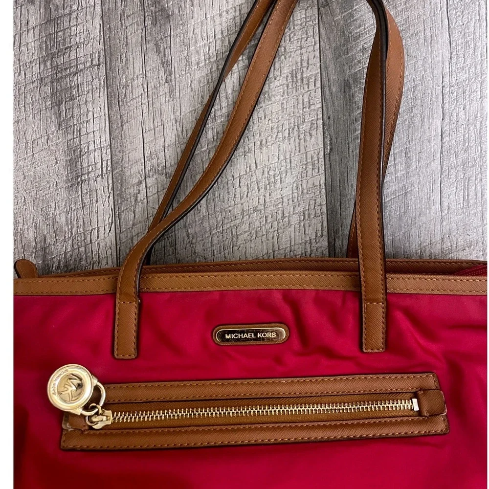Michael Kors Pink Nylon Saffiano Leather Trim‎ Tote Bag Gold Hardware MK Logo